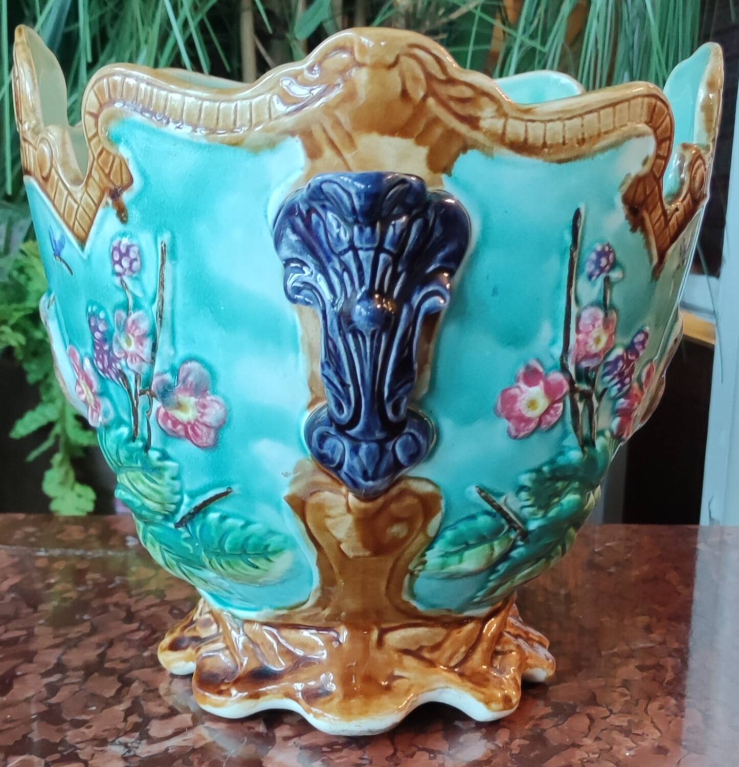 Old Cache Pot Barbotine Decor Warbler Bird Flowers Onnaing