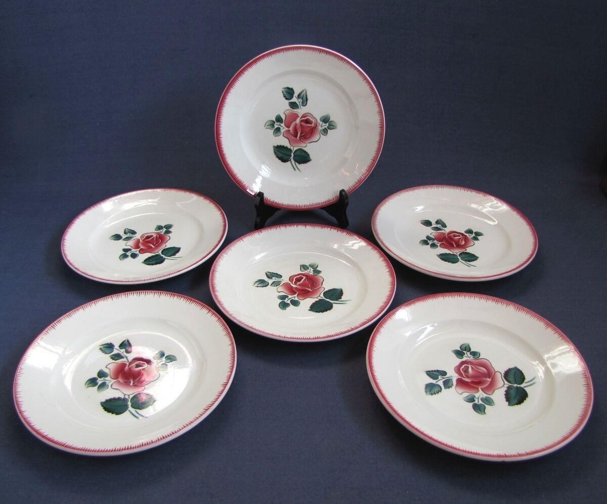 6 flat plates decorated with pink trifle in sarreguemines earthenware