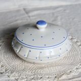 Vintage ivory earthenware candy box with blue polka dots