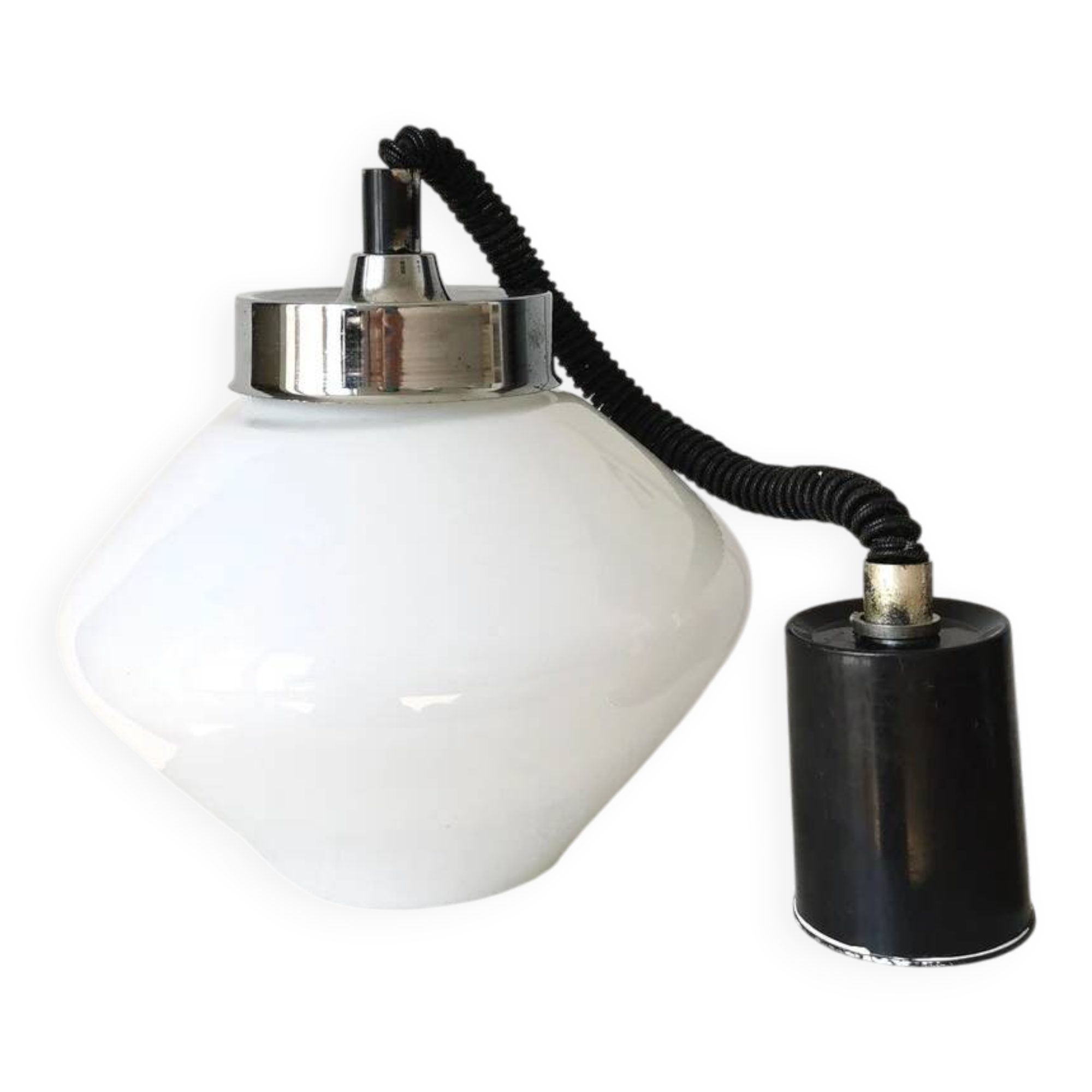 Vintage Pendant Glass Light / White Glass Retro Ceiling Lamp / Mid-century