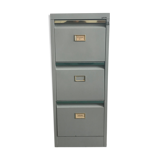 Three-drawer industrial grey metal filing cabinet with hanging backs