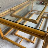 Rattan coffee table vintage glass top 1970