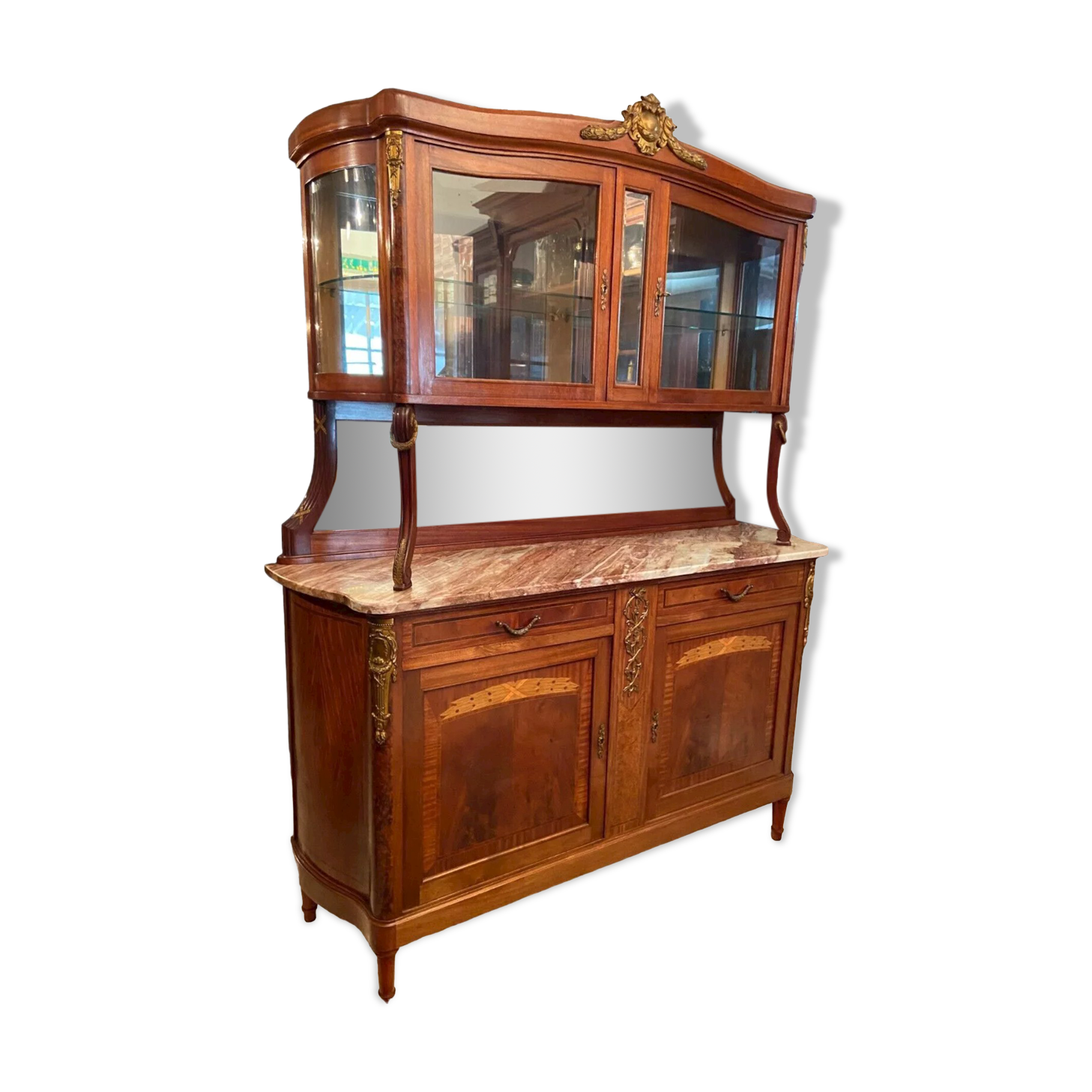 Sideboard two body mirror top marble decoration inlaid bronze Louis XVI