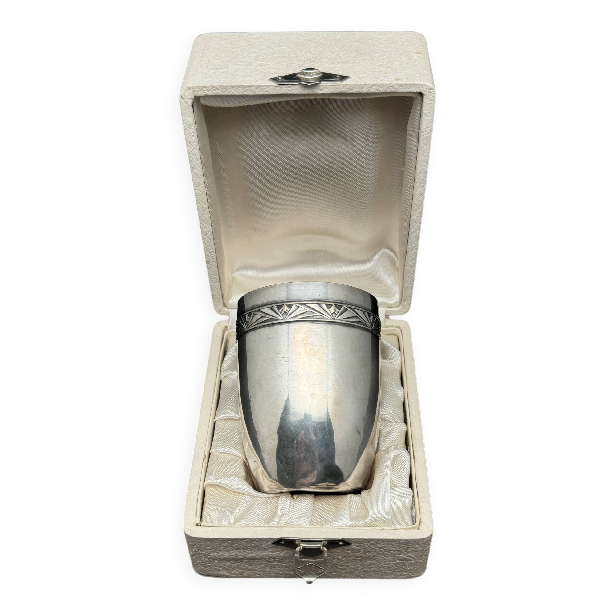 White metal (silverware) cup in its original box