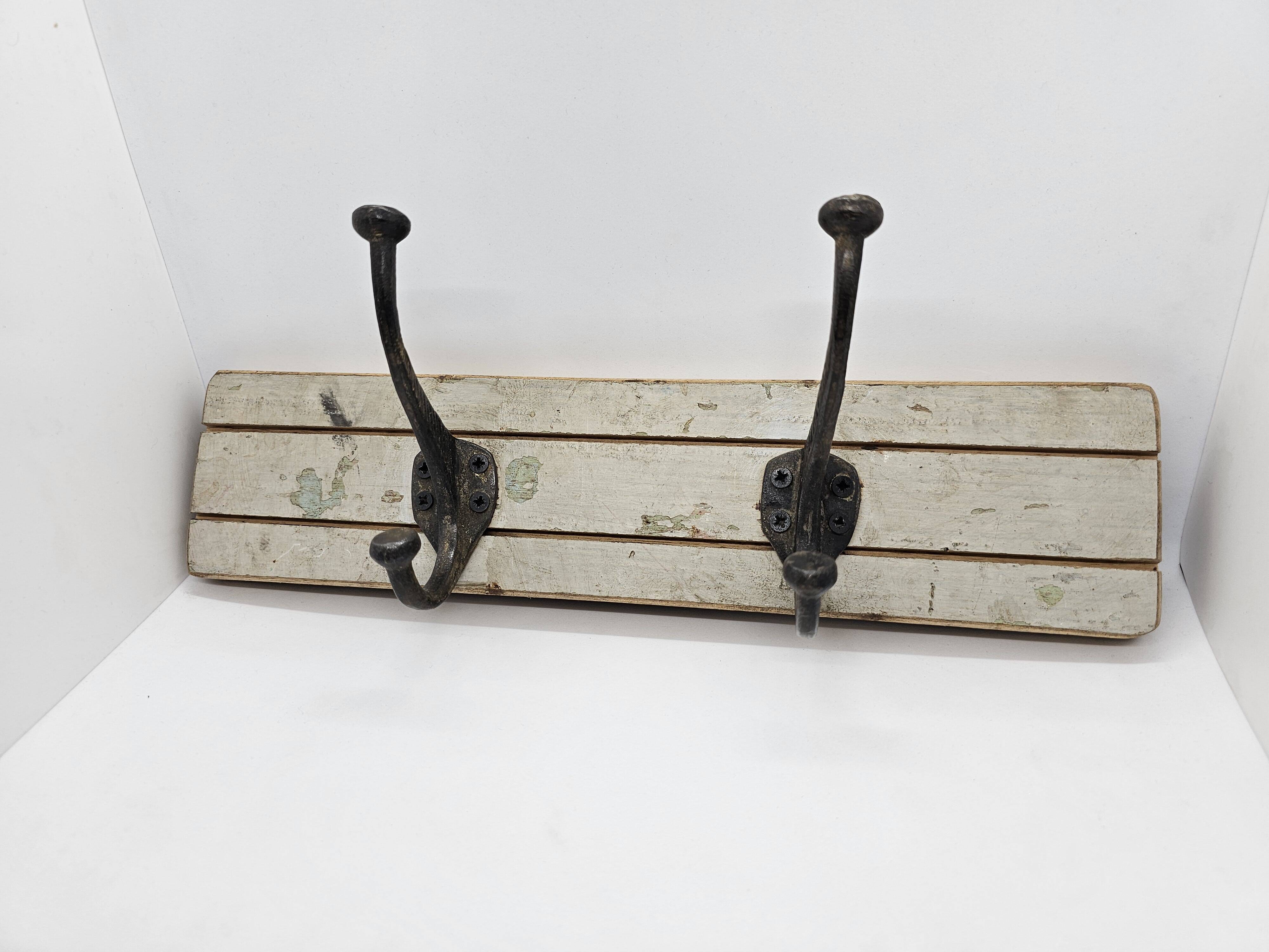 Solid teak coat hook with 2 double cast iron hooks