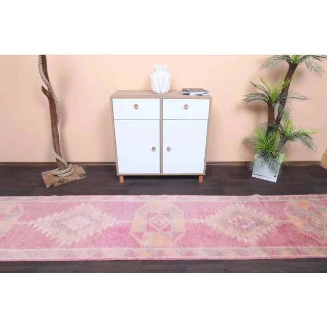 Vintage Turkish Hand-Knotted Wool Cotton Pink Runner Rug 80x365