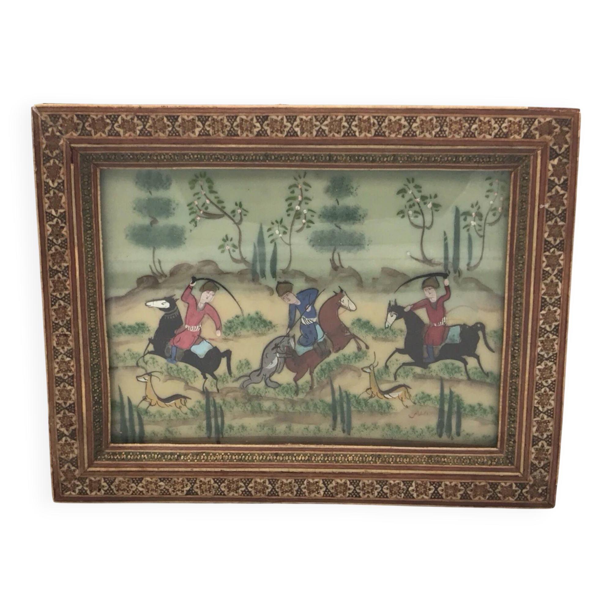 Ancient Indo-Persian painting with wooden mosaic frame