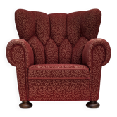 1960s, Danish relax armchair, original red furniture wool, oak wood legs.