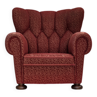 1960s, Danish relax armchair, original red furniture wool, oak wood legs.