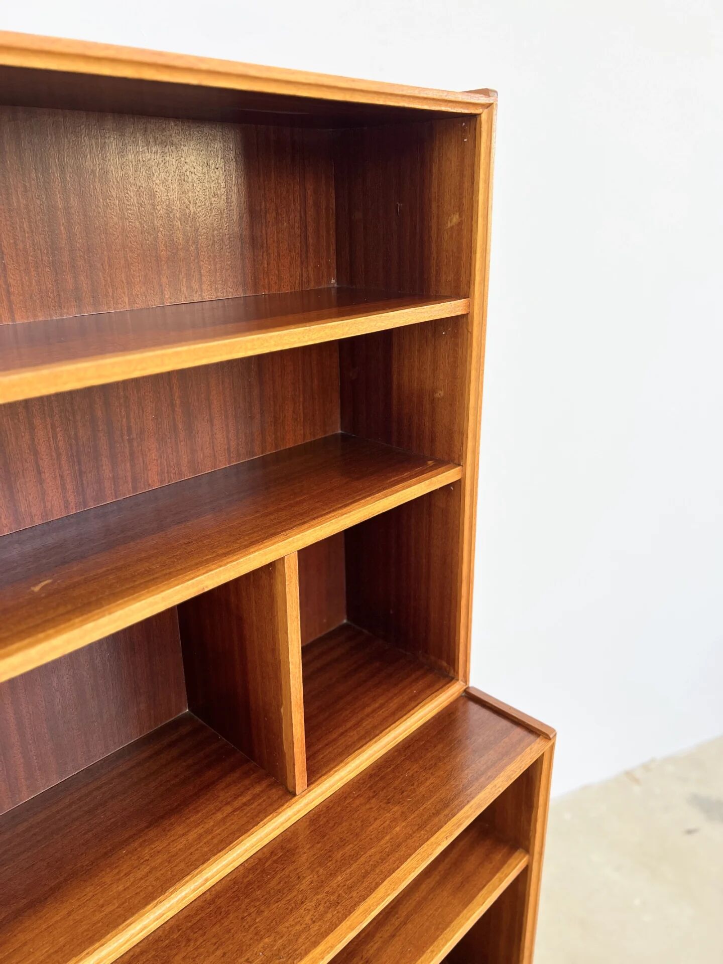 Asymmetrical mahogany bookshelf — 2 offset elements, custom-made, 1960s