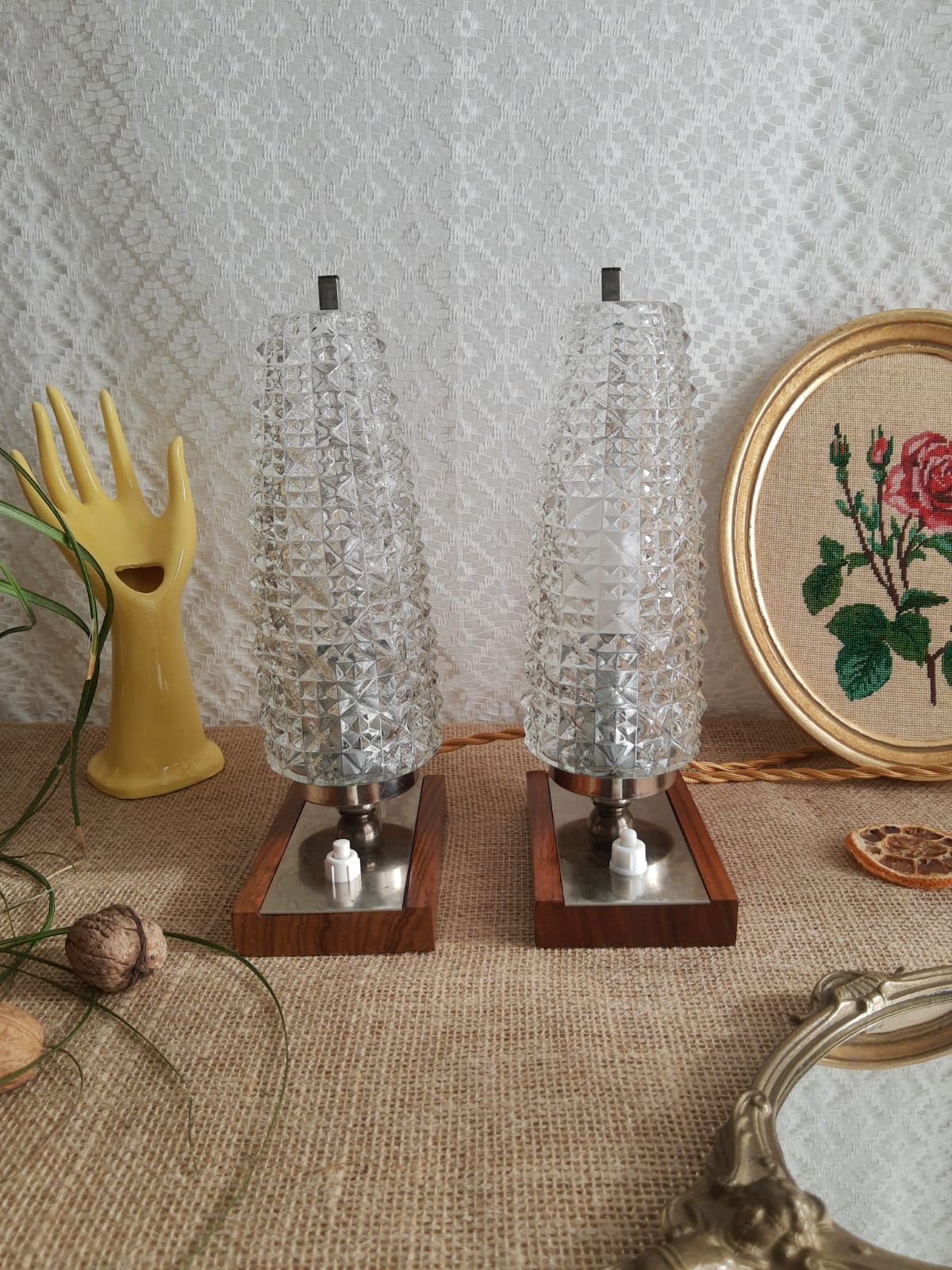 Pair of bedside lamps wood, metal and globe glass - vintage