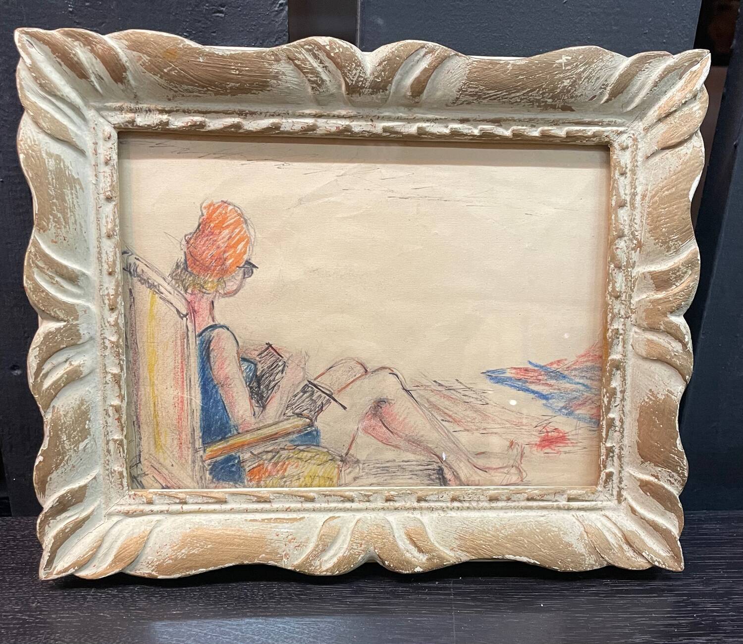 Dry pastels on paper “woman knitting on the beach”