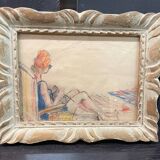 Dry pastels on paper “woman knitting on the beach”