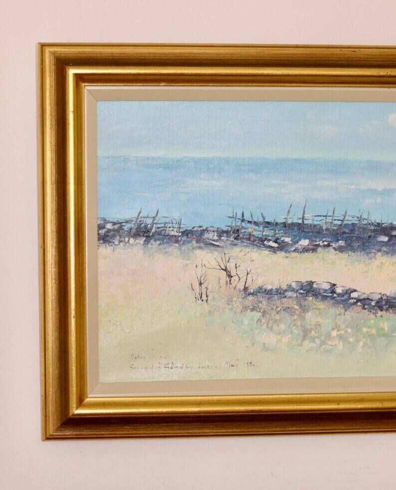 Mid-Century Swedish Original Painting Oil on Canvas "Beach in the Parish of Gårdby" by Jim Ronald Lindholm -- vintage and framed