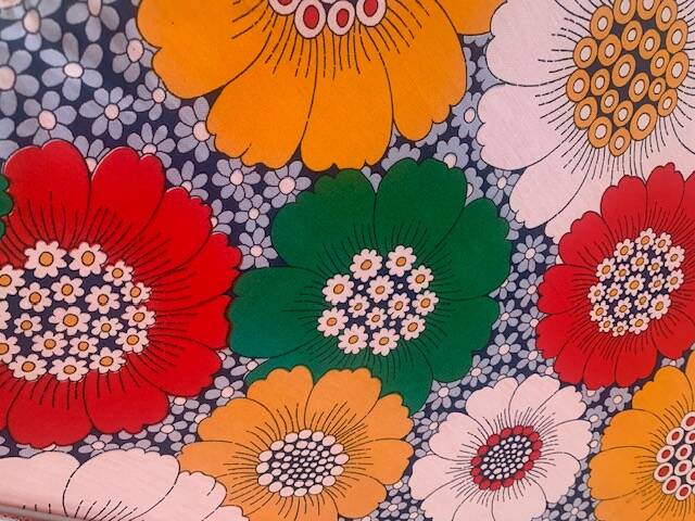 Large floral tilting beach umbrella with cotton fringes, 1960