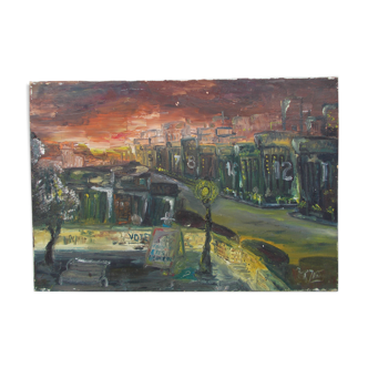 Oil painting on canvas signed Buildings City Bad to live