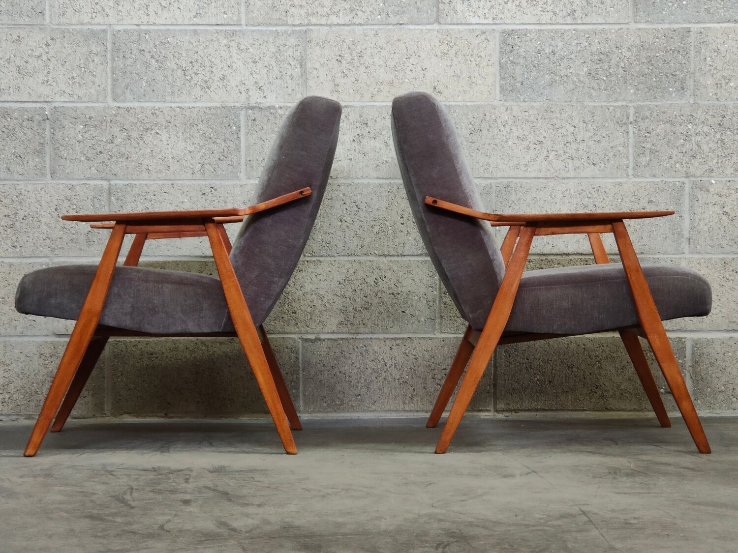 Pair of armchairs czechoslovakian midcentury renovated gray velvet