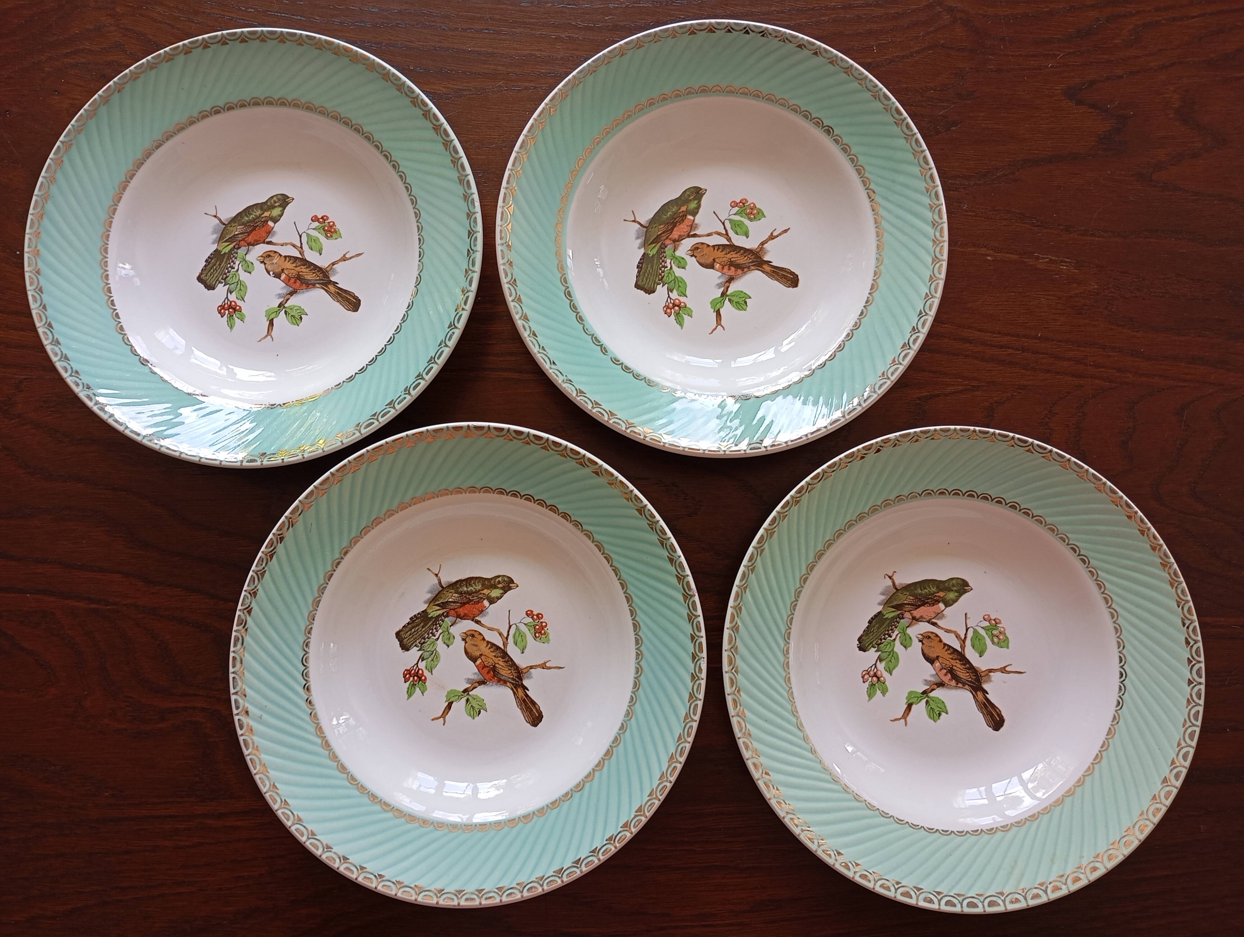 8 soup plates Fenal Badonviller "Birds" vintage 1950s