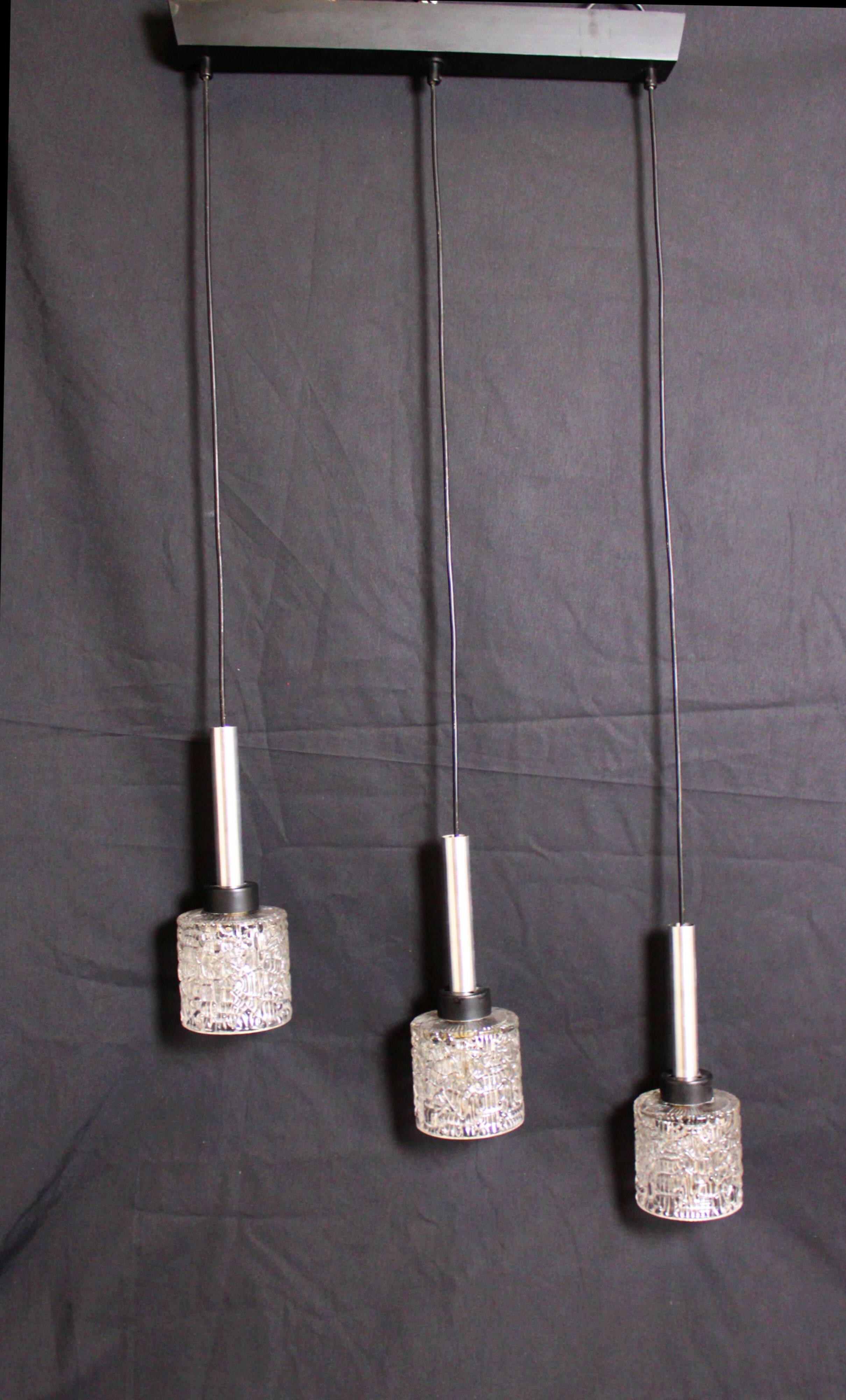Vintage pendant light with 3 glass and chrome elements, 1960.