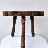Rare Tabouret De Traite Ancien Tripode Bois Massif Sculpté Art Populaire