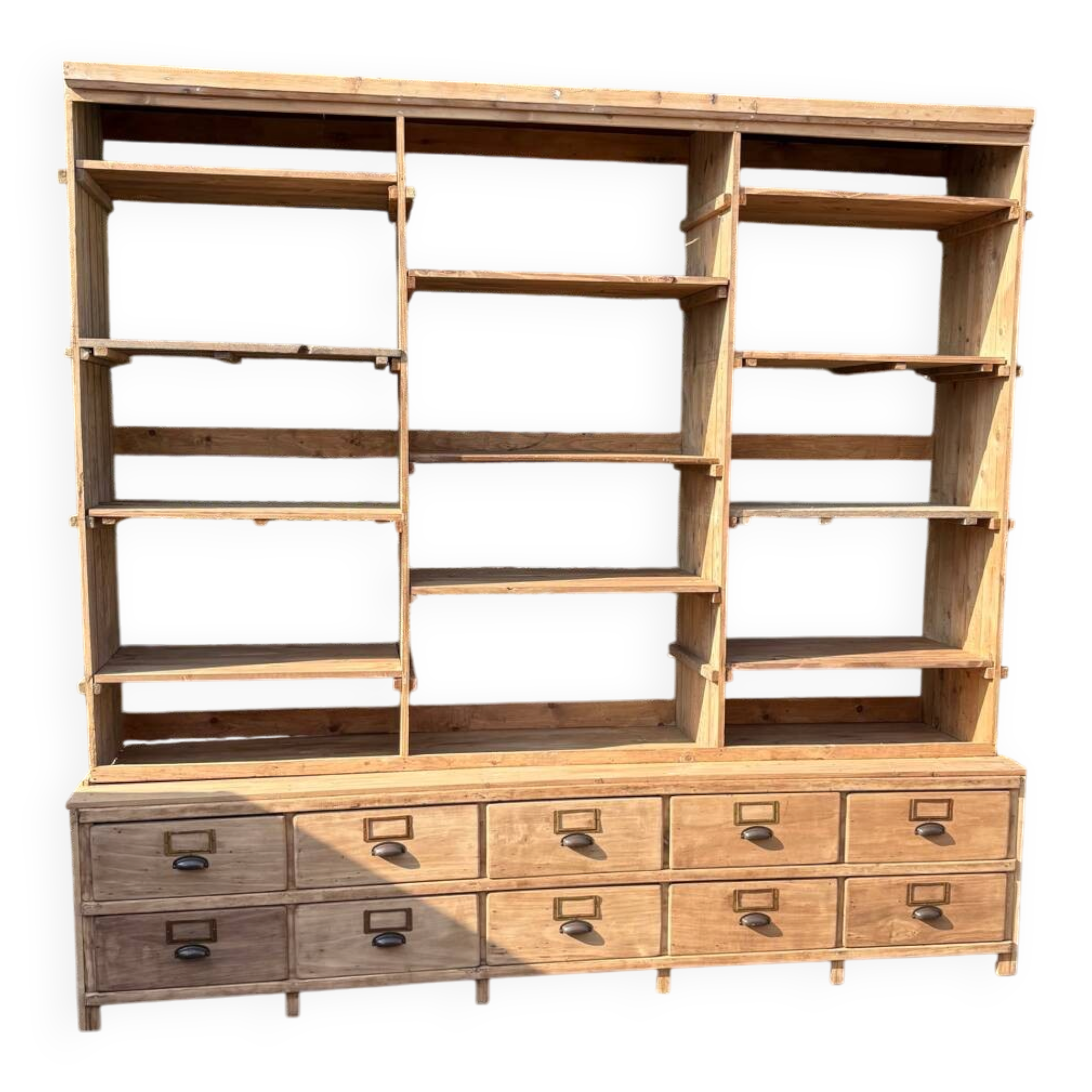 Large antique workshop furniture with drawers and shelves.