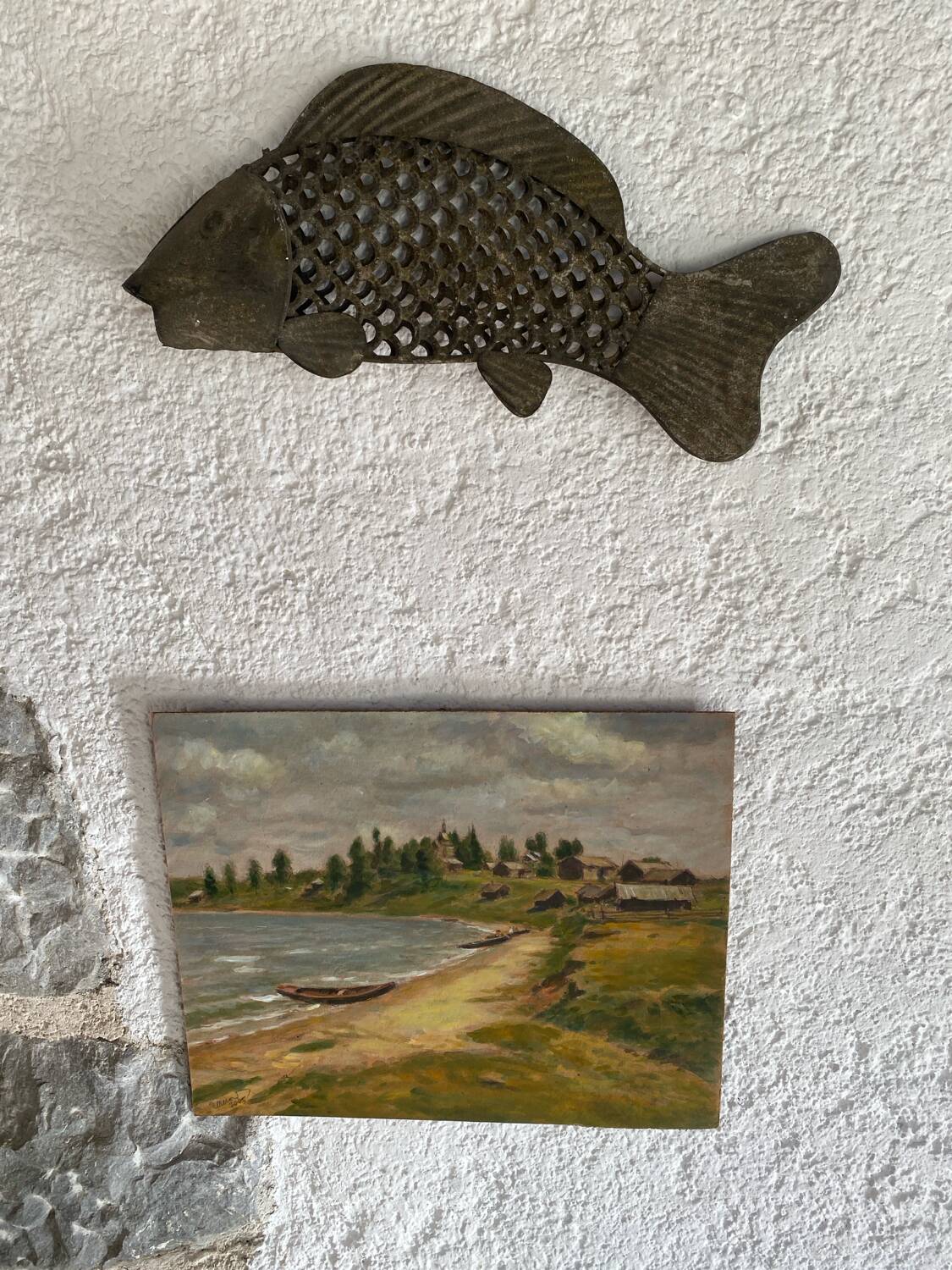 Gouache on panel “village by the water”