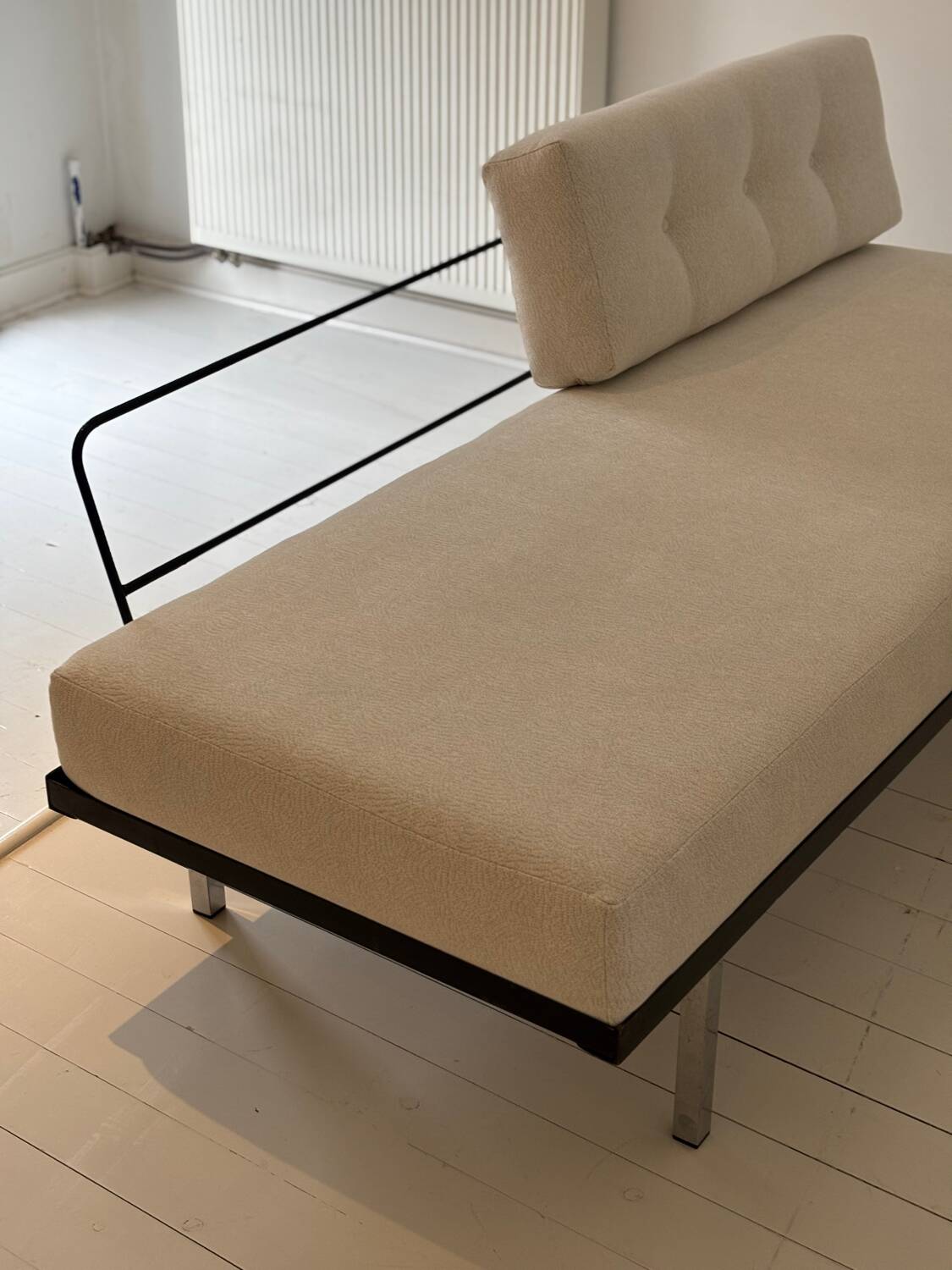 Modernist canapé design – Completely reupholstered in Pierre Frey fabric.