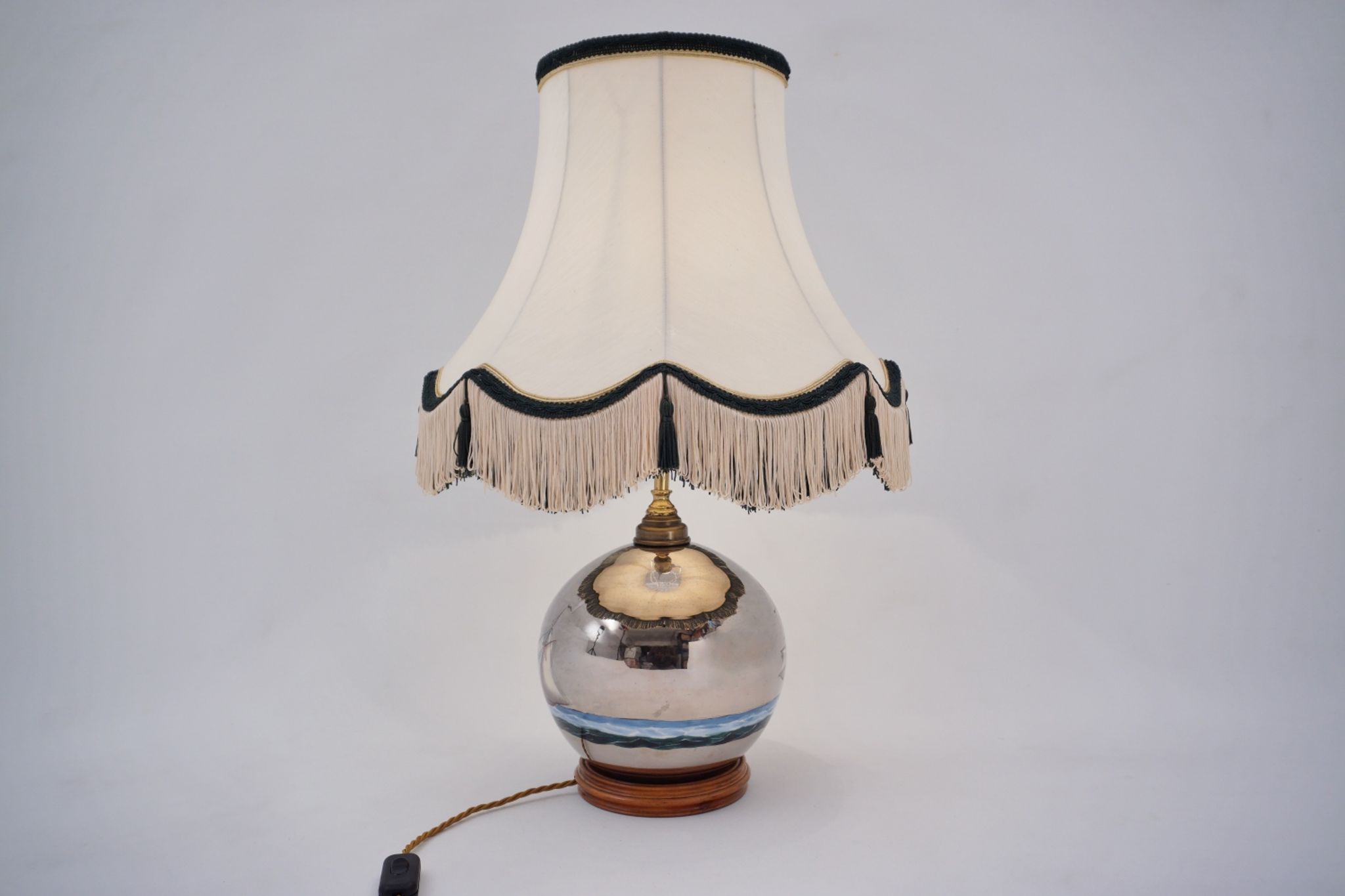 Lampe de table antique en verre mercure, galion et navire, soufflé à la main, années 1920, anglais, recâblé