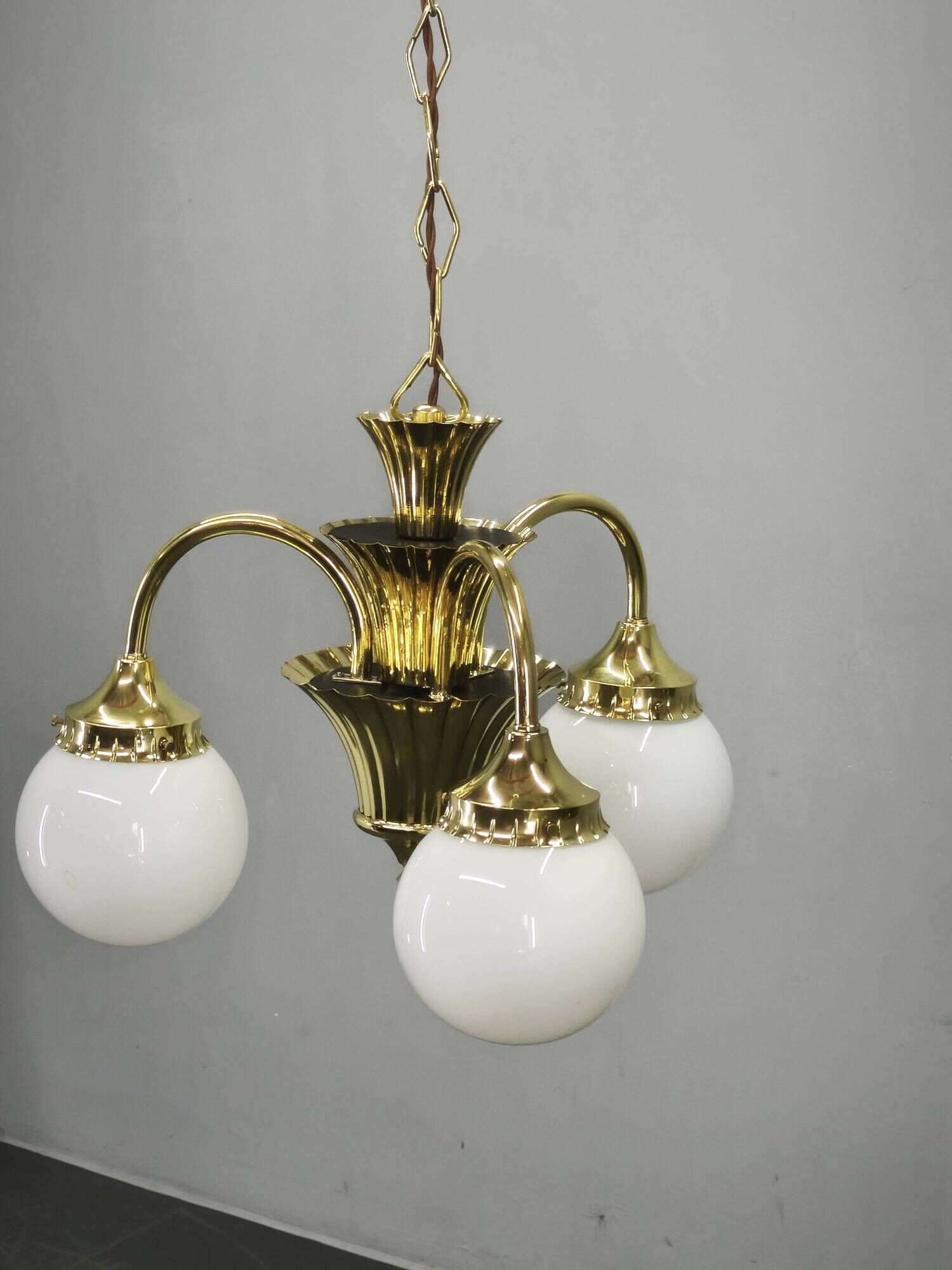 1930s Czechoslovak Art Deco Brass and Opaline Glass Chandelier