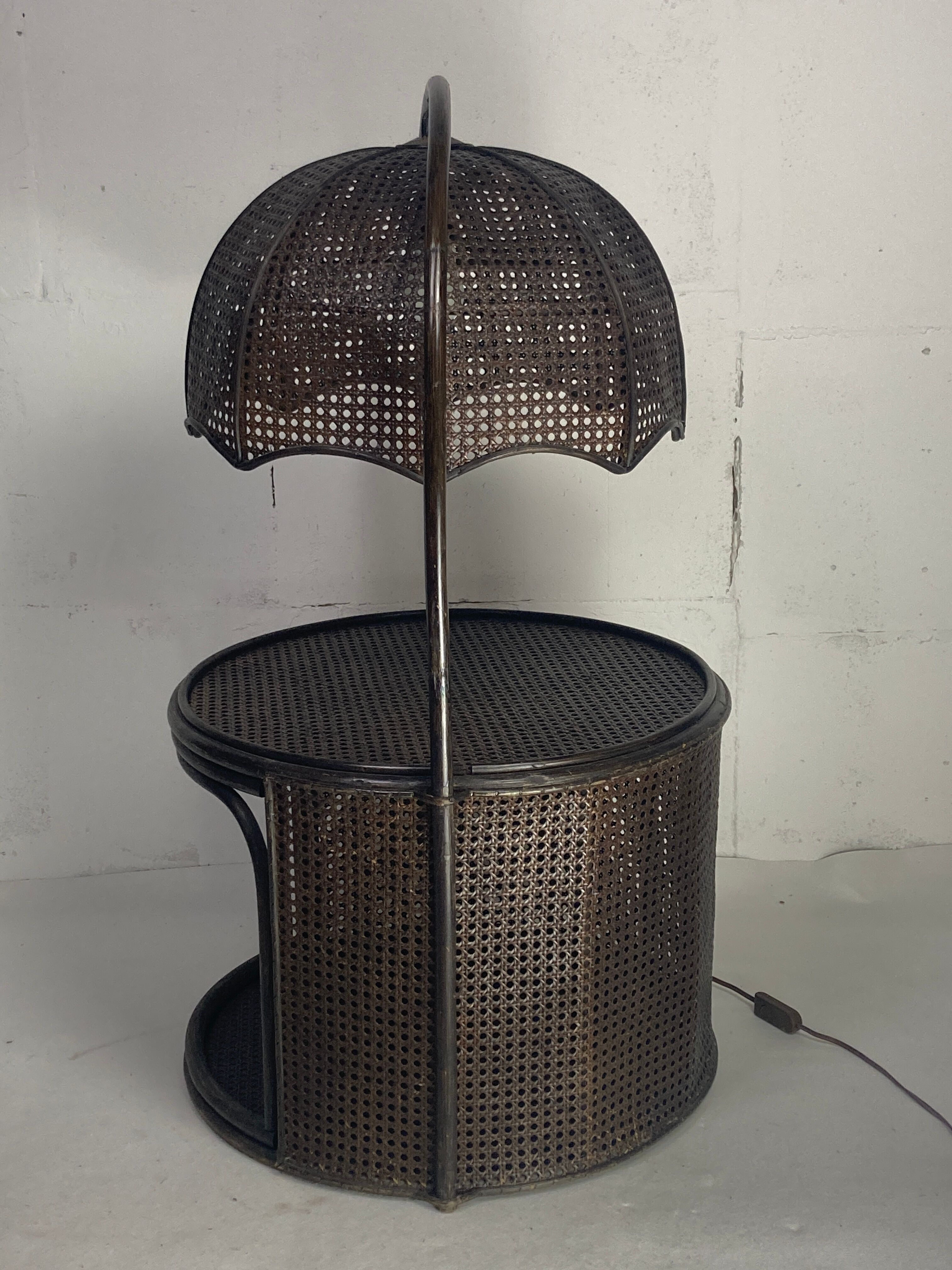 Faux bamboo rattan webbing side table with integrated hanging lamp, Dutch 1960s-1970s