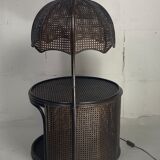 Faux bamboo rattan webbing side table with integrated hanging lamp, Dutch 1960s-1970s