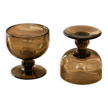 Paire de coupes vintage en verre fumé brun – années 60-70