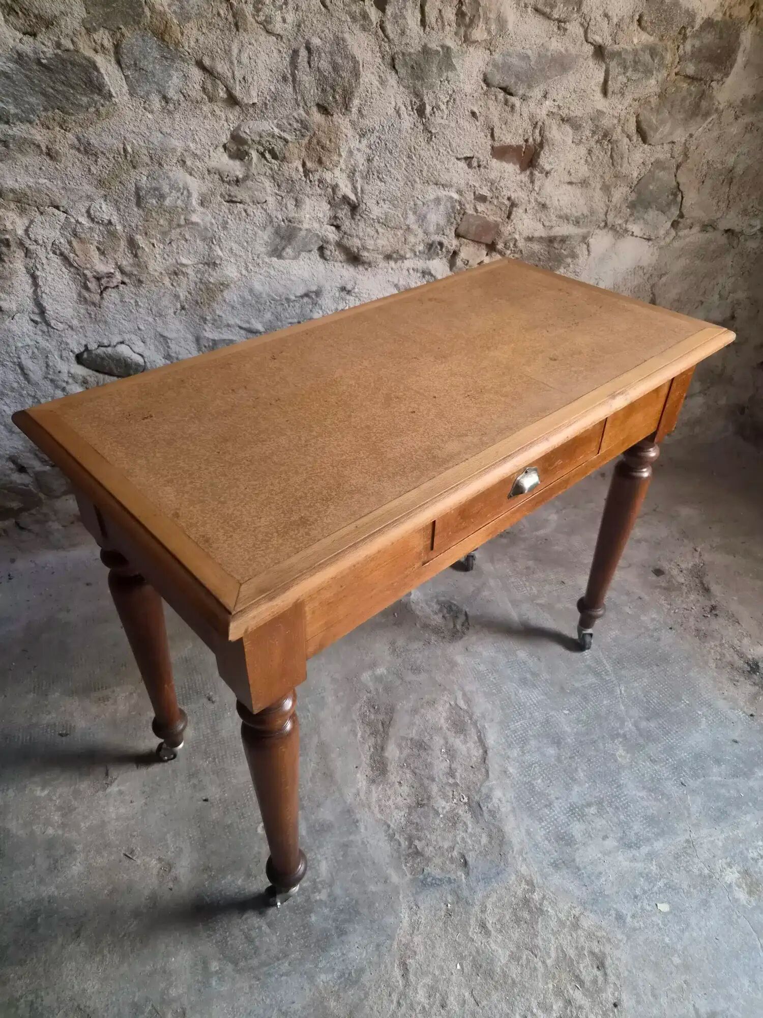 Vintage beech desk with a linoleum top and drawer.