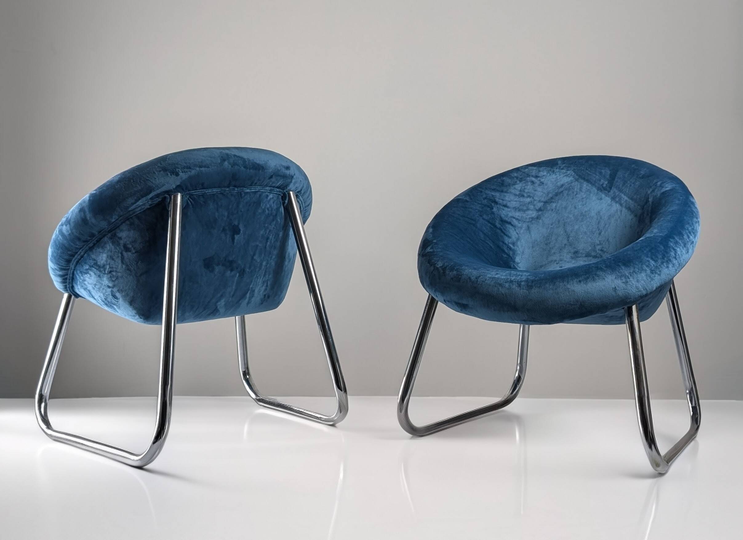 Pair of Italian Chrome and Blue Velvet Armchairs, 1970s