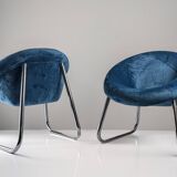 Pair of Italian Chrome and Blue Velvet Armchairs, 1970s