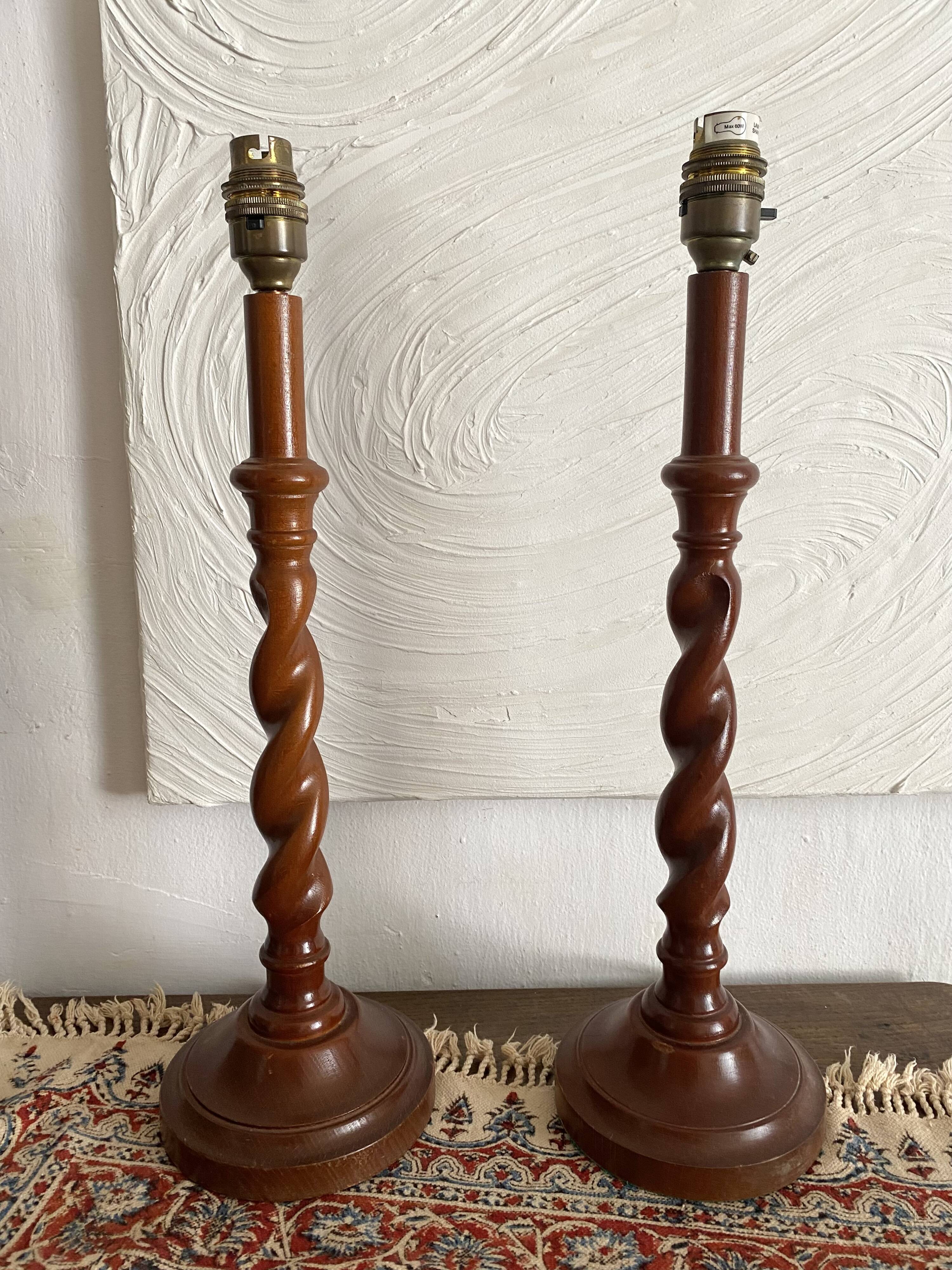 Pair of twisted wooden base lamps