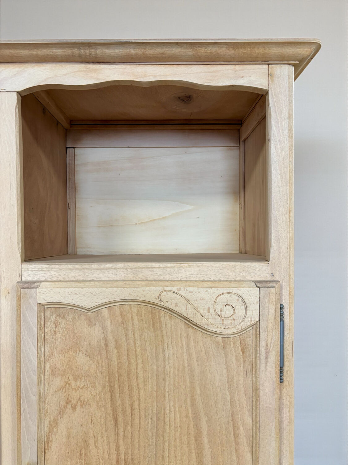 Renovated antique wardrobe – natural wood & sage green interior