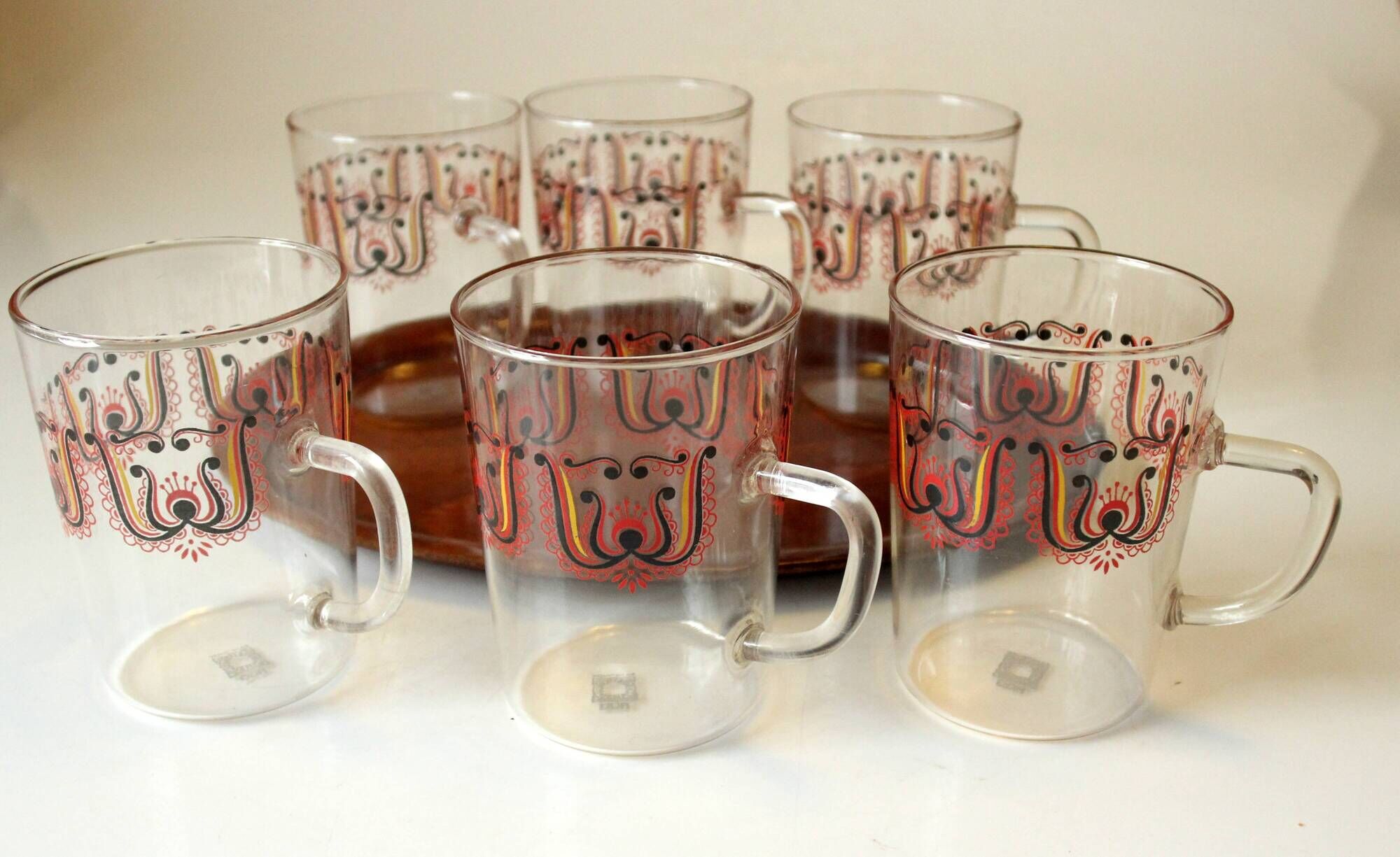 6 old tea cups on a serving tray, coming original from east germany GDR, Vintage from the 1970s