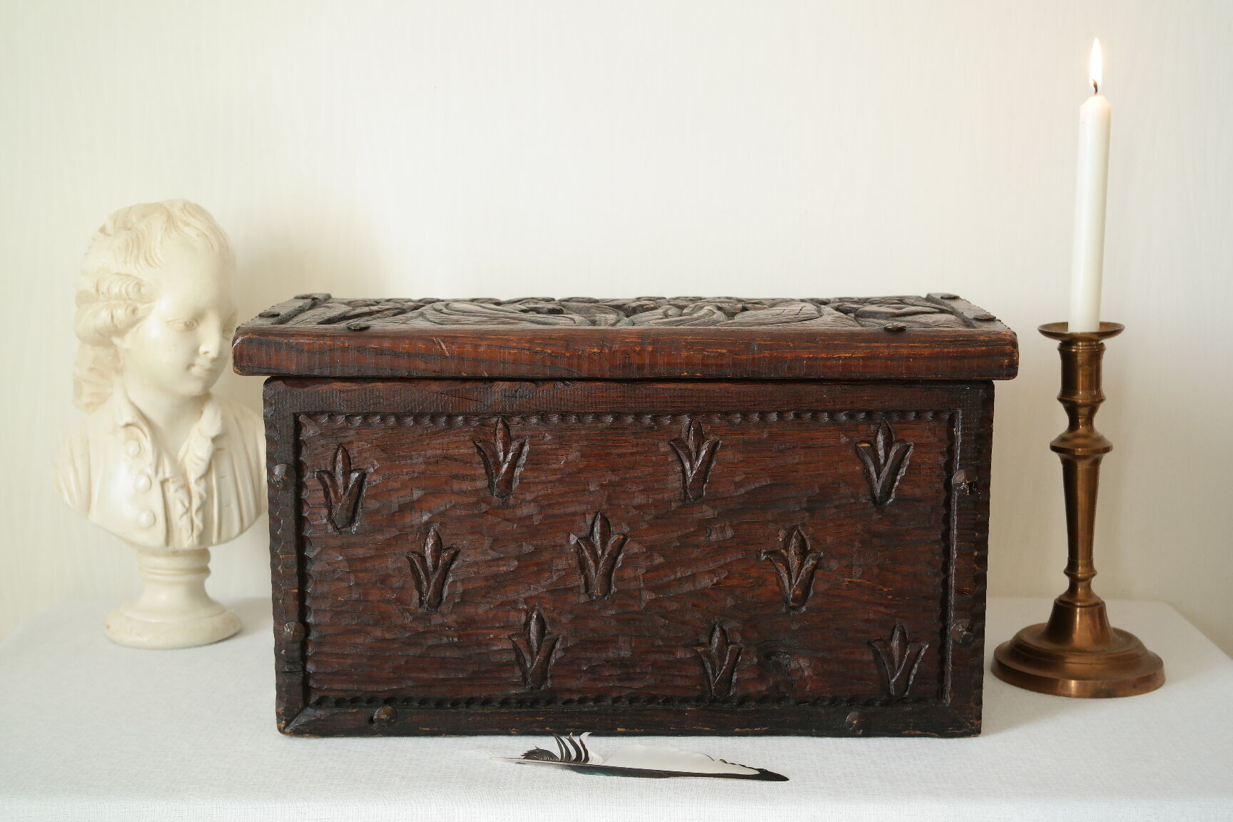 Carved wooden chest bas-reliefs artisanal XXth