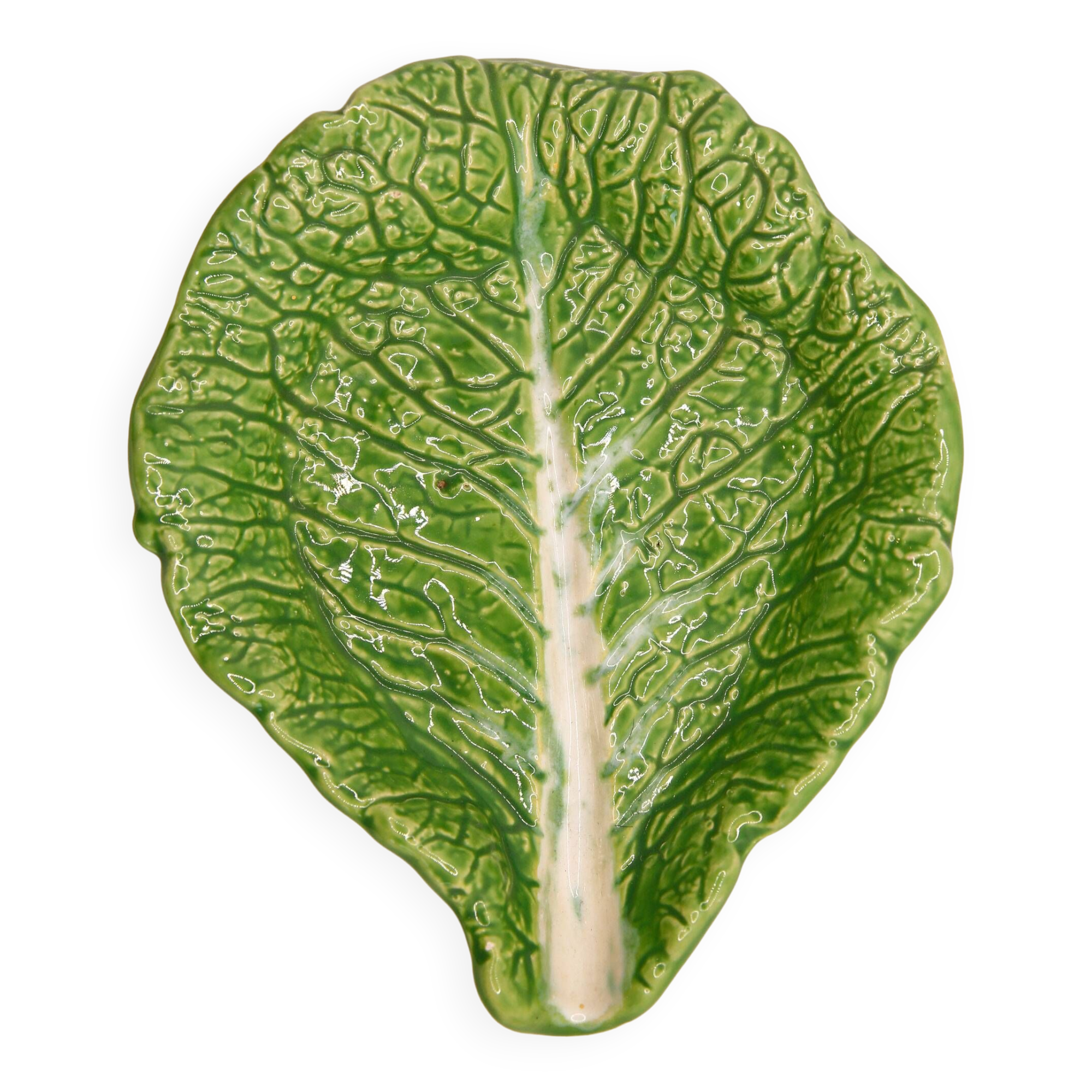 Trompe l'oeil cup bright green cabbage leaf in slip