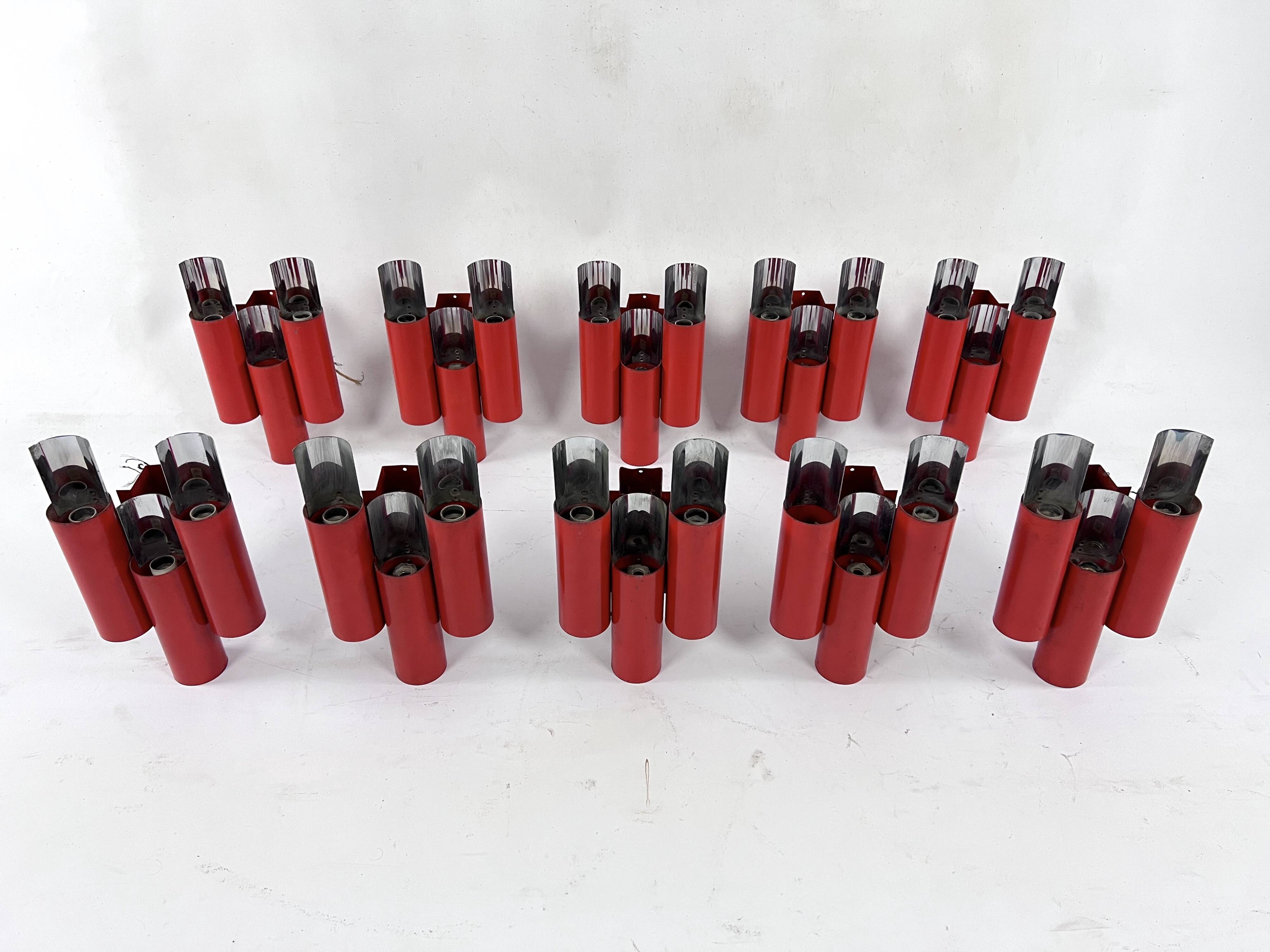 Set of 10 mid-century red and chrome wall lamps by Stilnovo, Italy 1970s