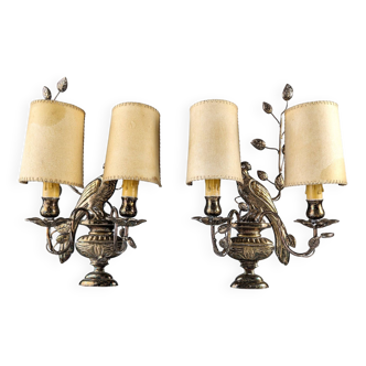 Pair of wall sconces with parrots and leaves