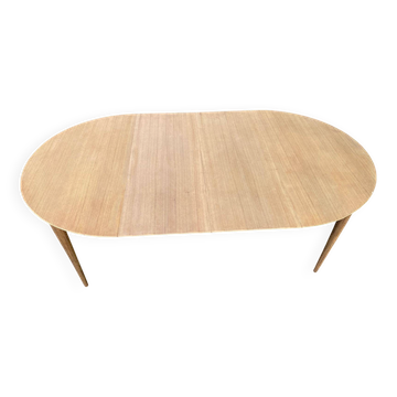 Scandinavian round extendable dining table stripped in raw teak 1950