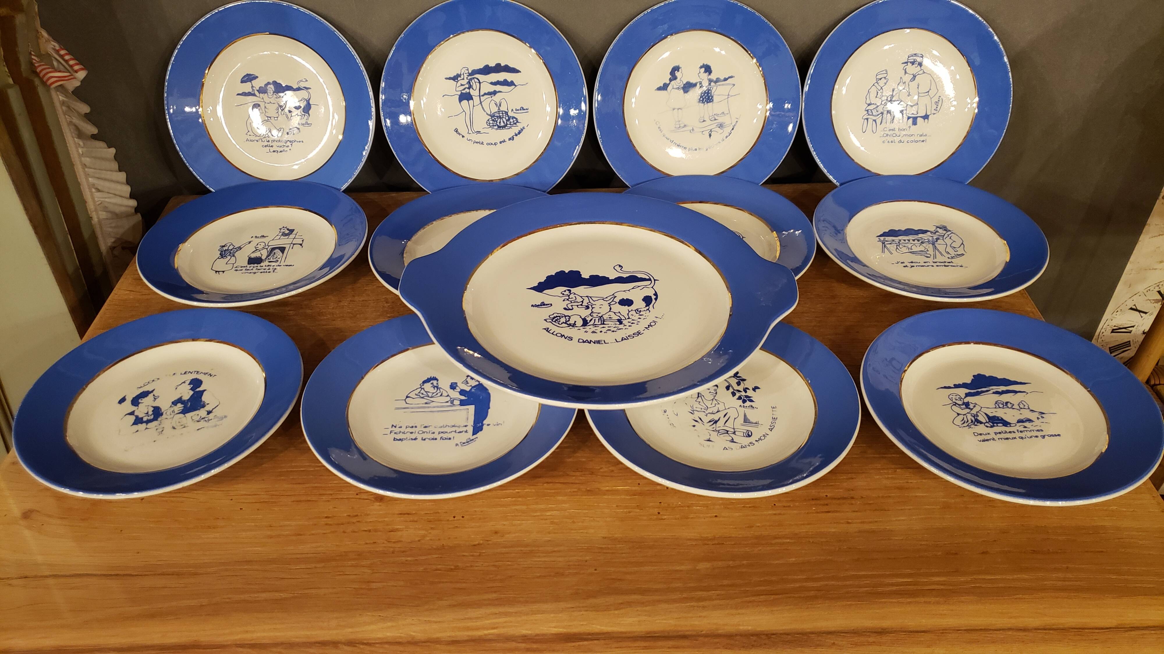 12 dessert plates + dish signed A.Devillers