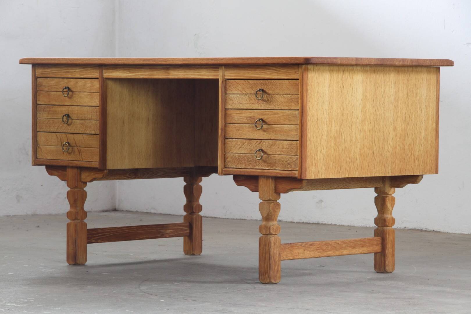 Vintage Mid-Century Oak Desk with 6 Drawers, Open Back, Kjærnulf Style