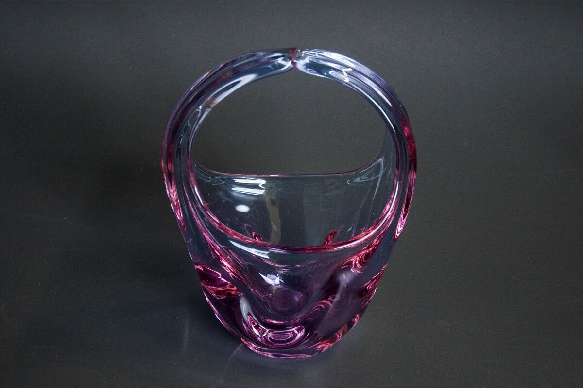 Pink bohemian glass basket, Czechoslovakia, 1960s
