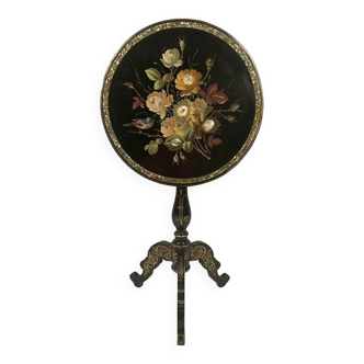 Napoleon III tilting pedestal table decorated with burgauté and painted with flowers and birds