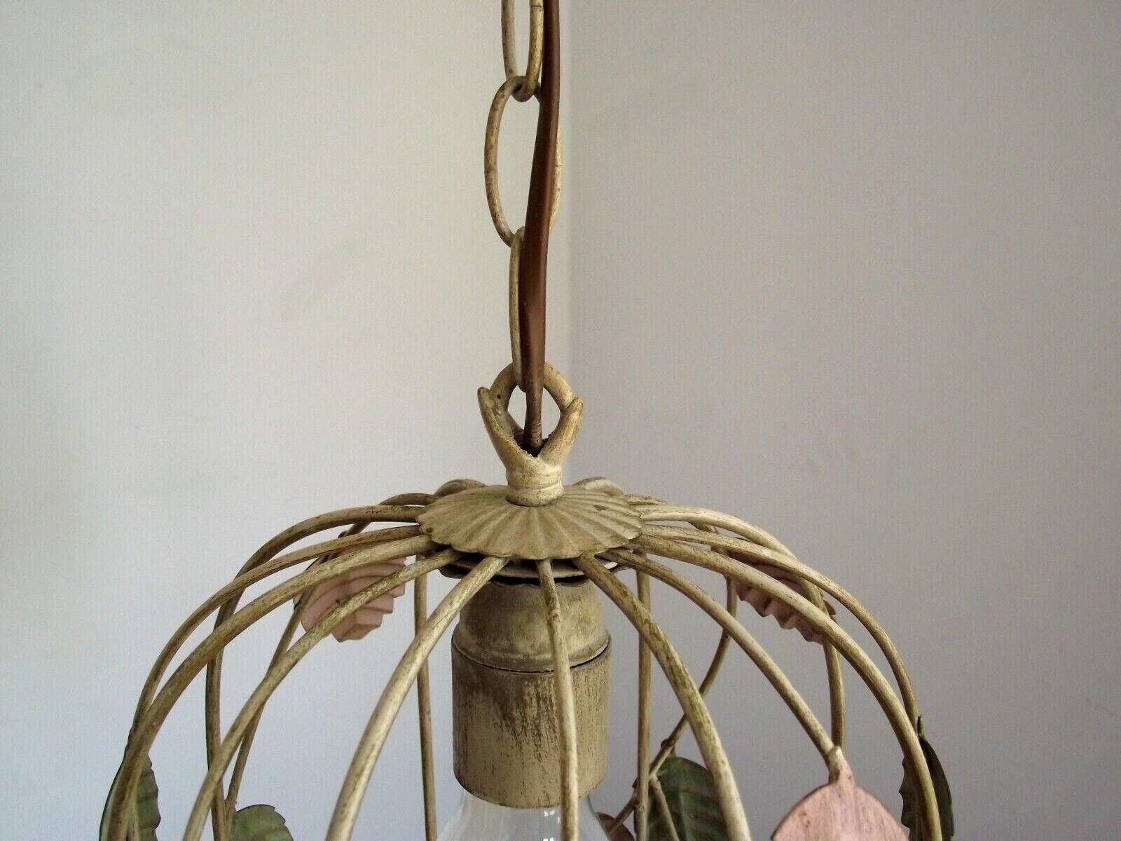 French vintage single bulb Toleware cage light with pink and green flowers