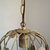 French vintage single bulb Toleware cage light with pink and green flowers