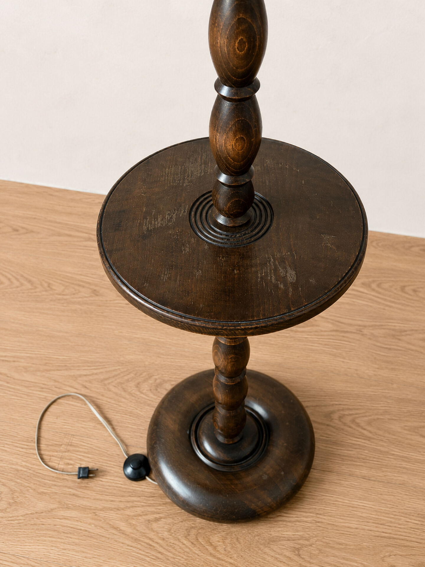 Vintage wooden floor lamp with rotating and leather shade - 1970s